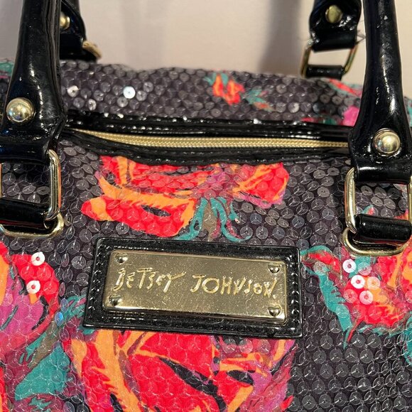 Like New Betsey Johnson Black Floral Sequin Satchel/Crossbody Bag - Picture 4 of 14